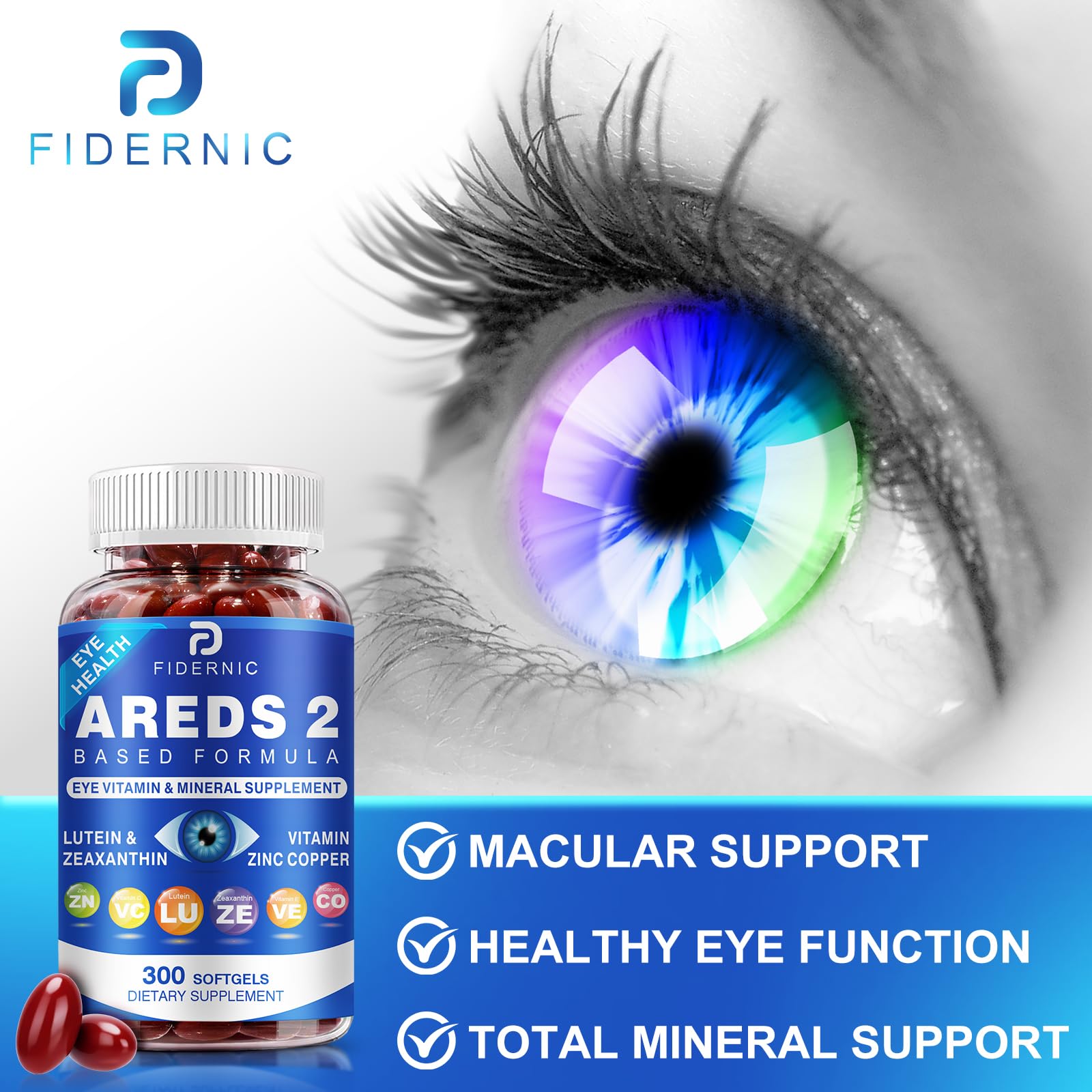FIDERNIC AREDS2 quality ingredients graphic with GMP assurance.