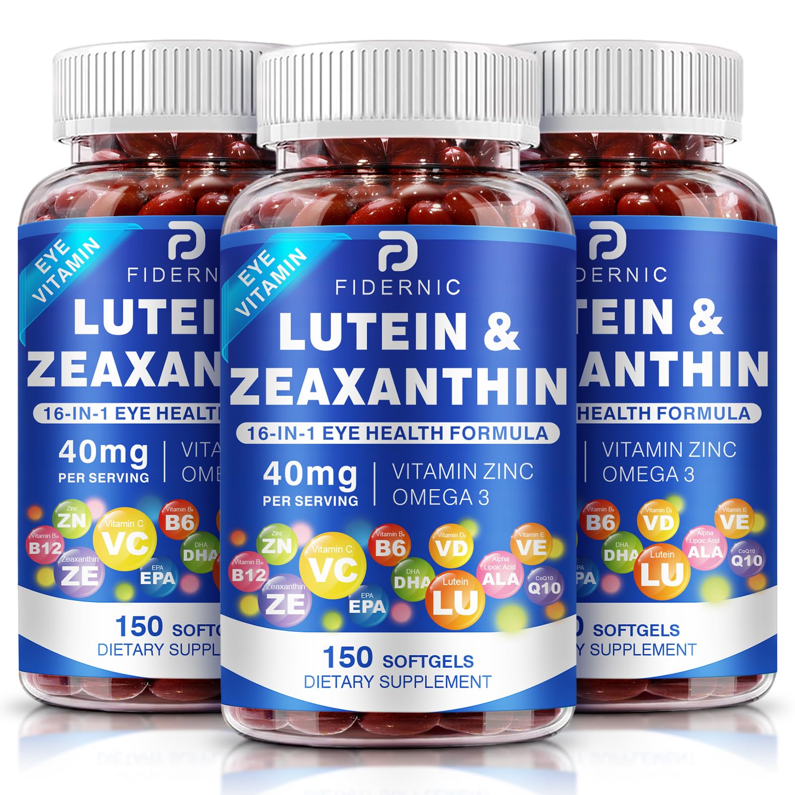 FIDERNIC Lutein Zeaxanthin softgel bottle supports daily eye comfort and blue light protection.