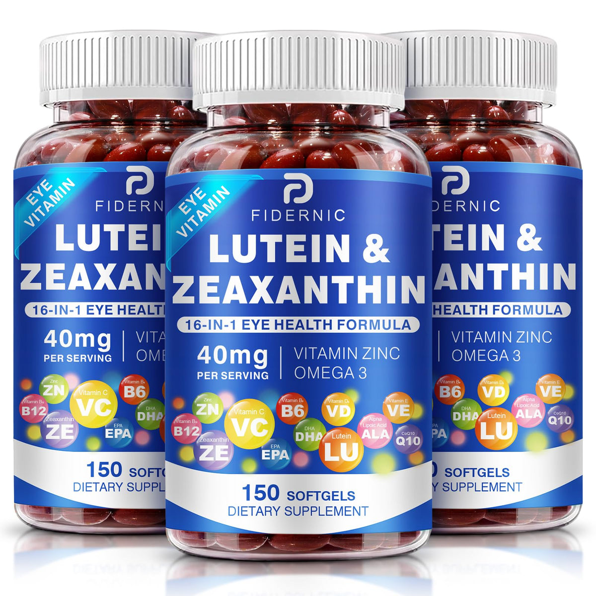 FIDERNIC Lutein Zeaxanthin softgel bottle supports daily eye comfort and blue light protection.
