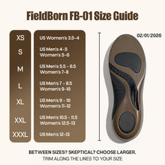 Updated size chart guidance for FieldBorn FB-01 Miles Ahead insoles.