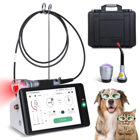 FIGERM cold laser system front view with three heads and LCD screen for versatile, non invasive therapy