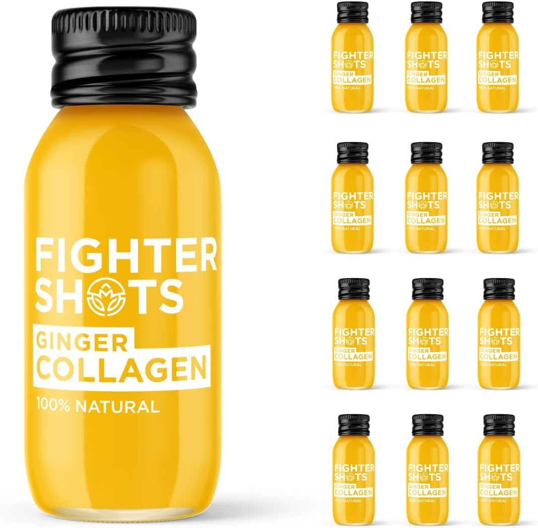 Fighter Shots Ginger Marine bottle close-up showing natural ingredients for healthy skin and hair