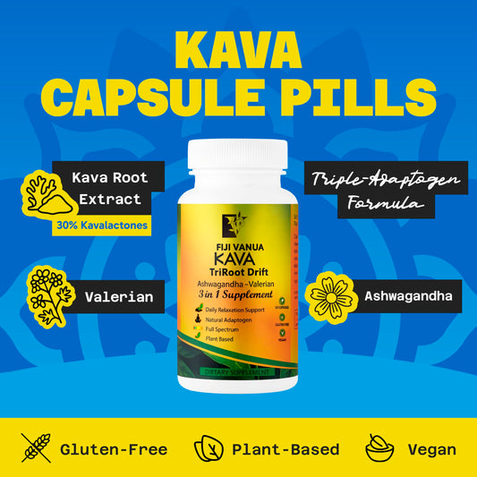 Fiji Vanua Kava capsules closeup with 200mg extract and 30% kavalactones.