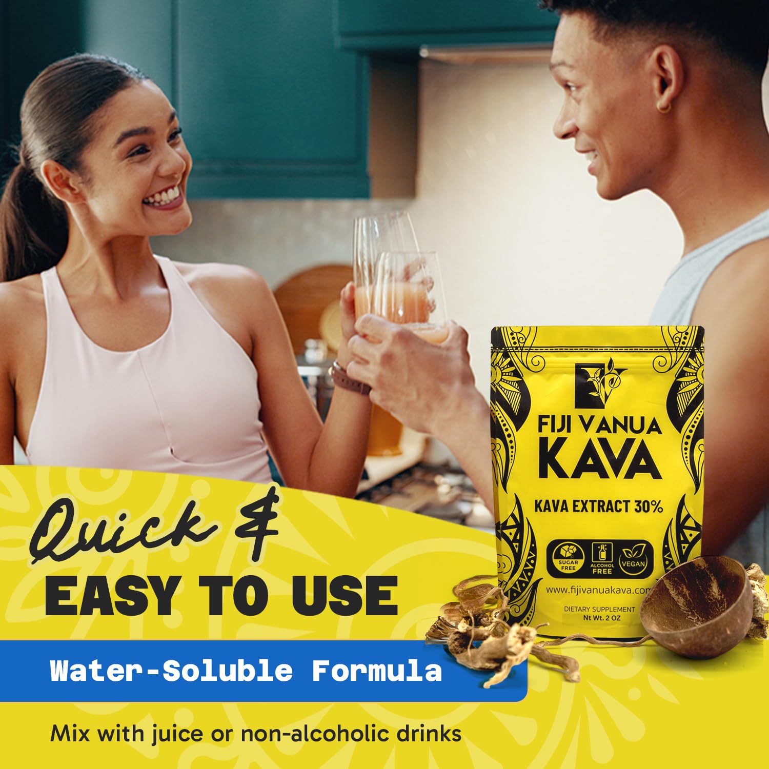 Fiji Vanua Kava dissolving in water shows fast mixability for portable enjoyment