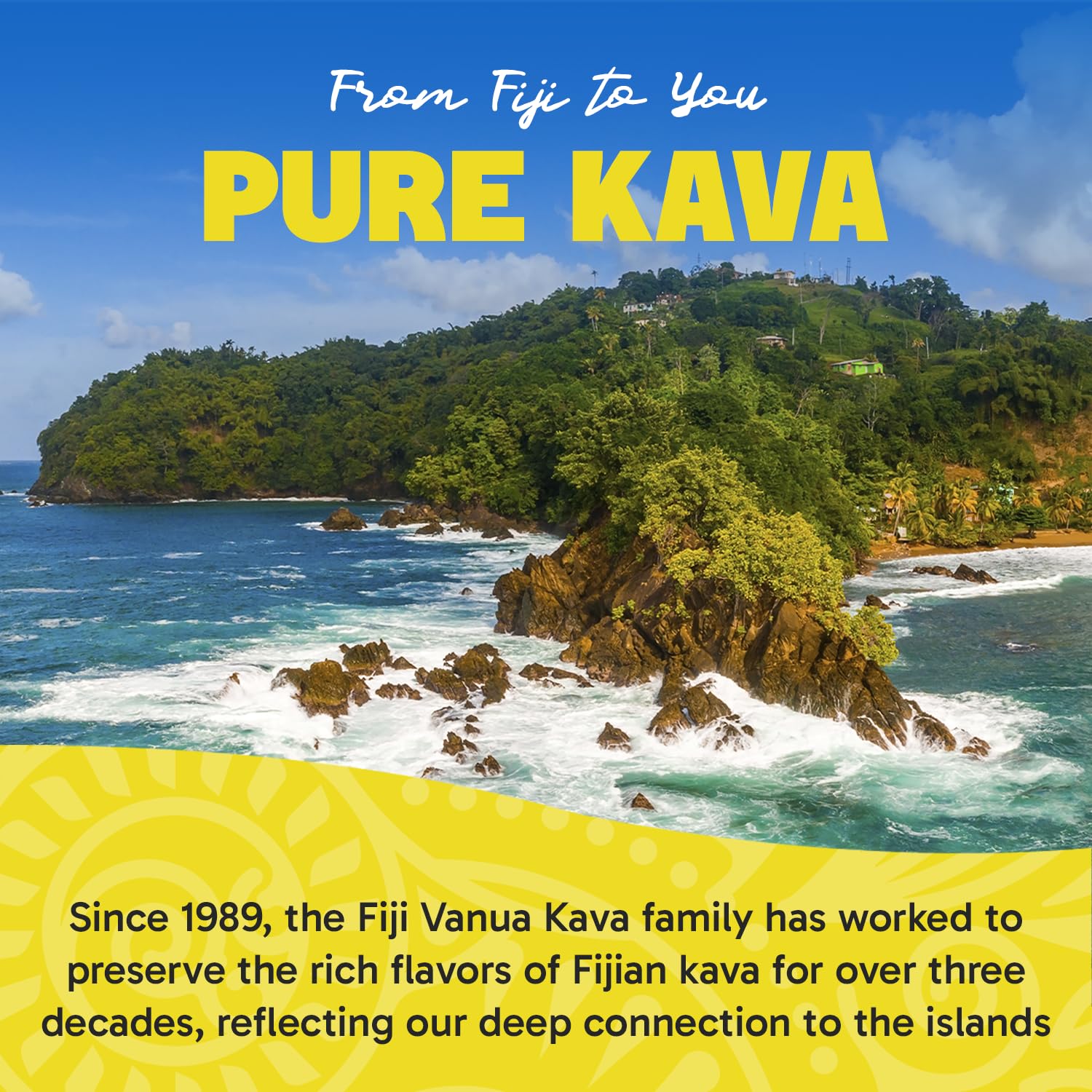 Fiji Vanua Kava Lewena powder ready to mix with water for tasting