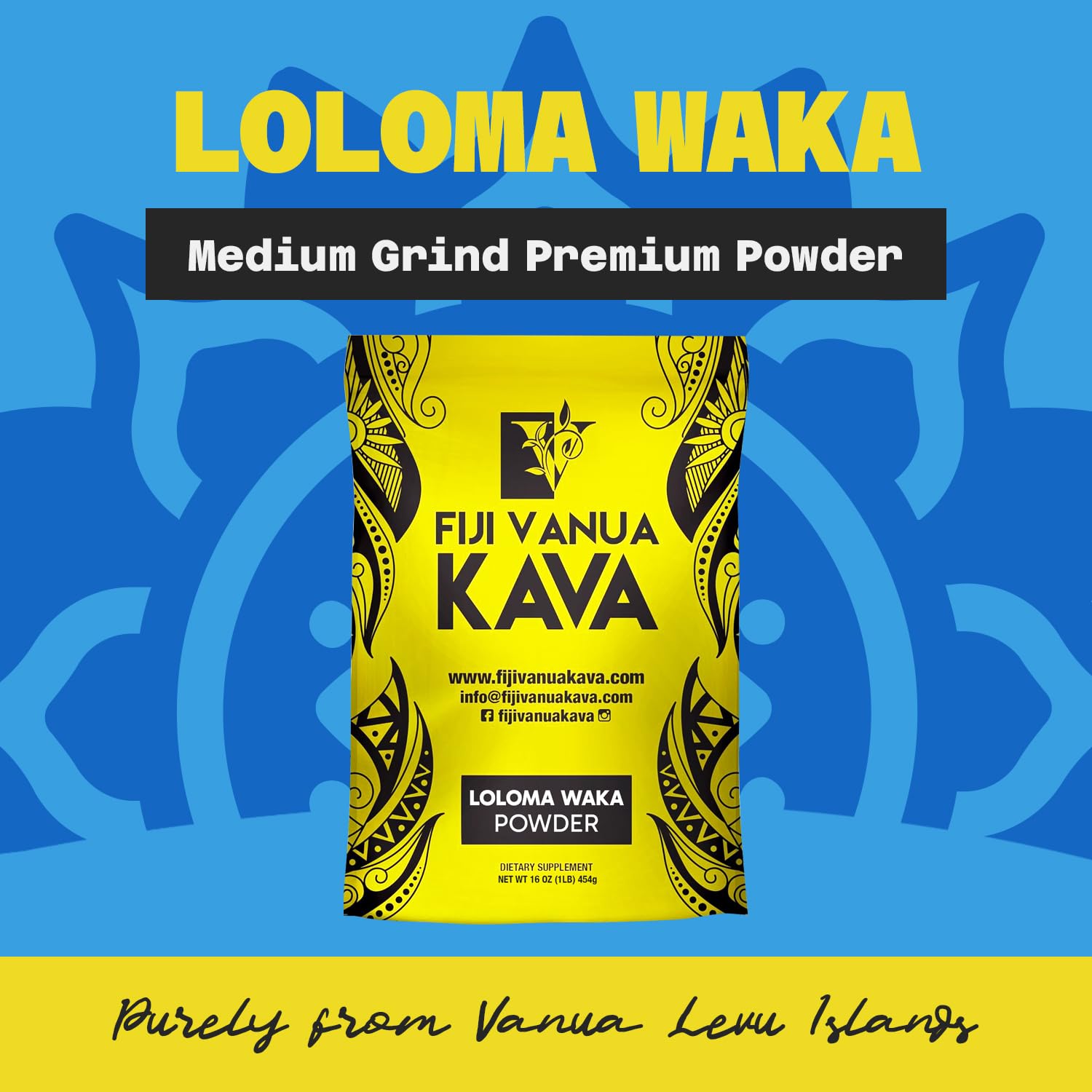 Fiji Vanua Kava Loloma Waka powder open pouch highlights medium grind ideal for quick preparation