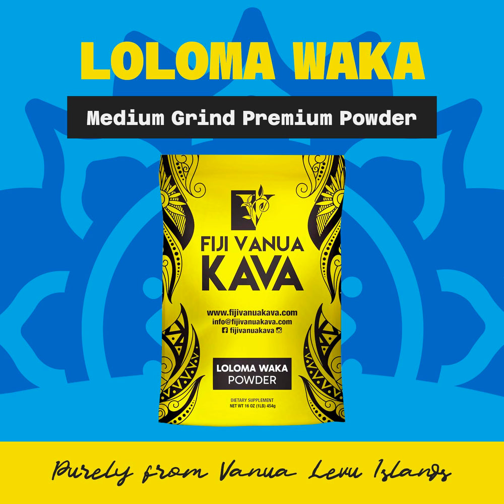 Fiji Vanua Kava Loloma Waka powder open pouch highlights medium grind ideal for quick preparation