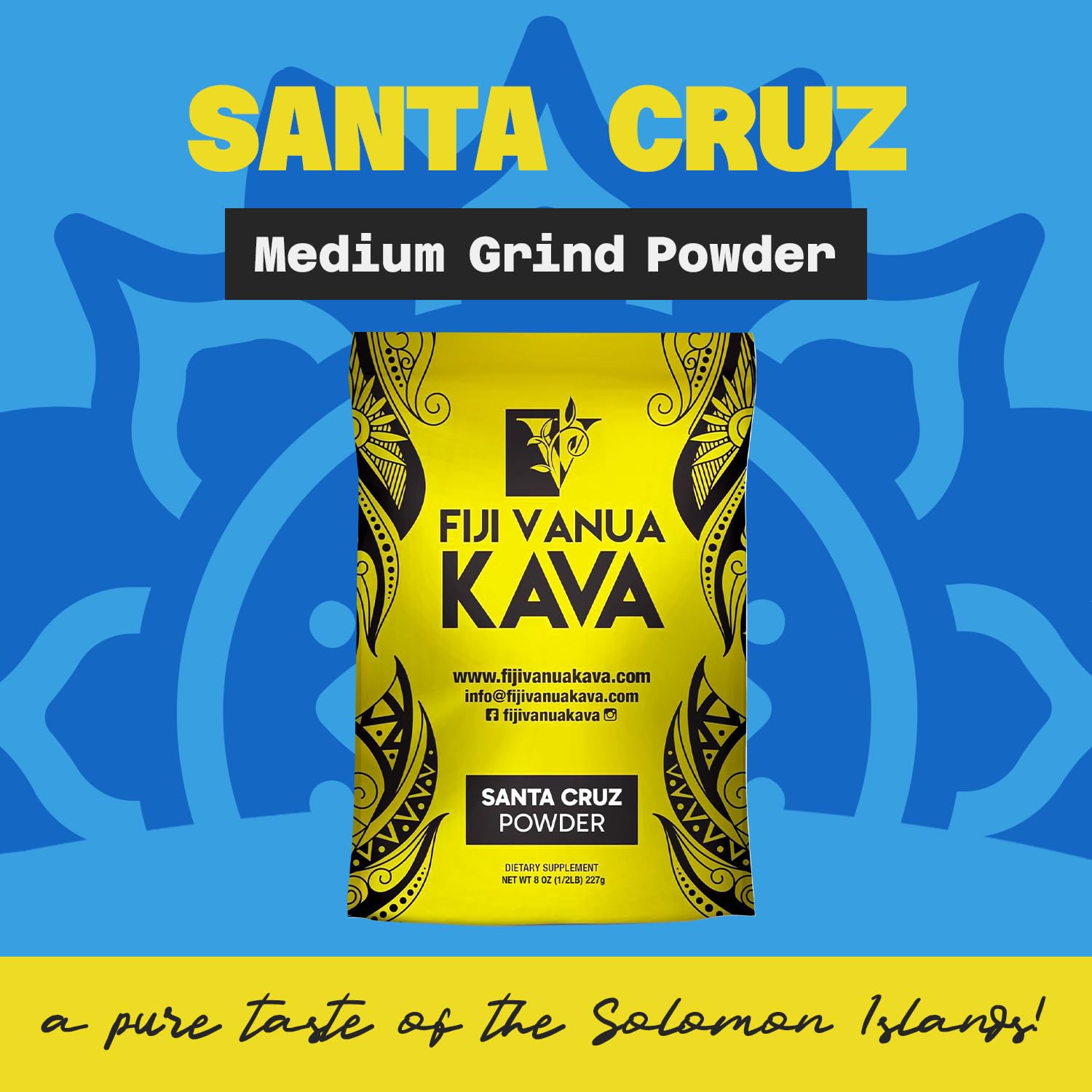 Fiji Vanua Kava medium grind powder ready for traditional brewing and easy straining.