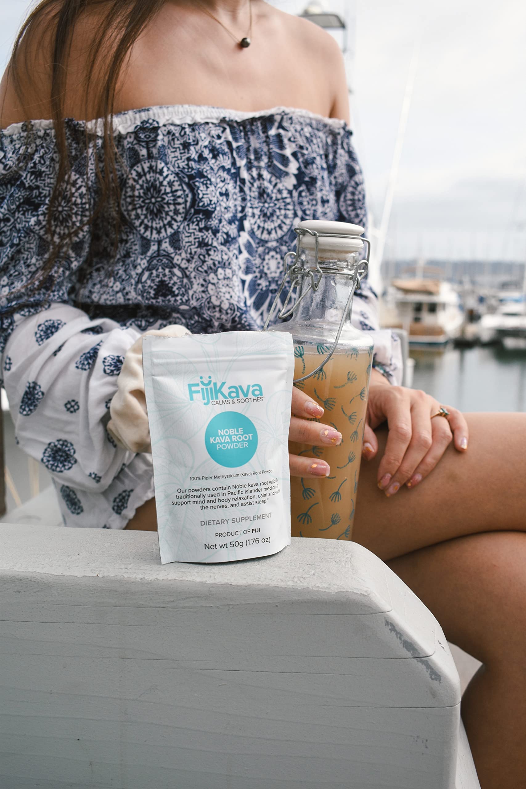 FijiKava dissolving powder in glass highlights convenient prep for relaxation.