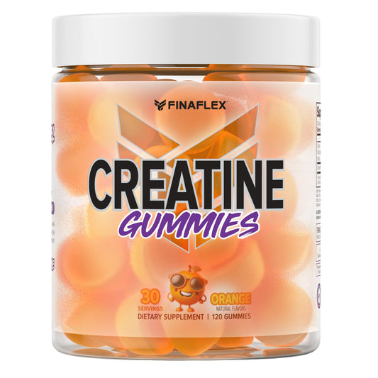 FINAFLEX Creatine Gummies orange bottle front highlighting product for gym use