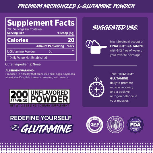 FINAFLEX Pure Glutamine powder scoop highlights precise serving for recovery.