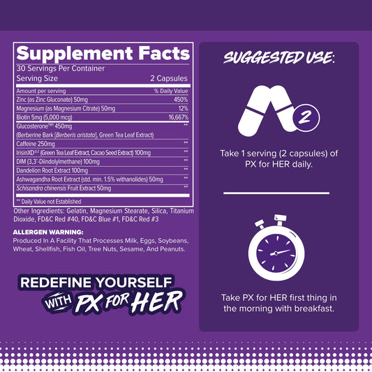 FINAFLEX PX for Her capsules close-up highlighting easy-to-swallow capsules for daily energy