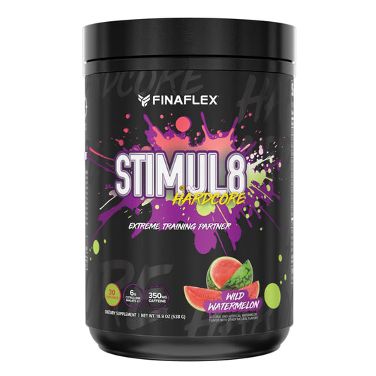 FINAFLEX STIMUL8 Hardcore bottle signals high energy for training sessions.