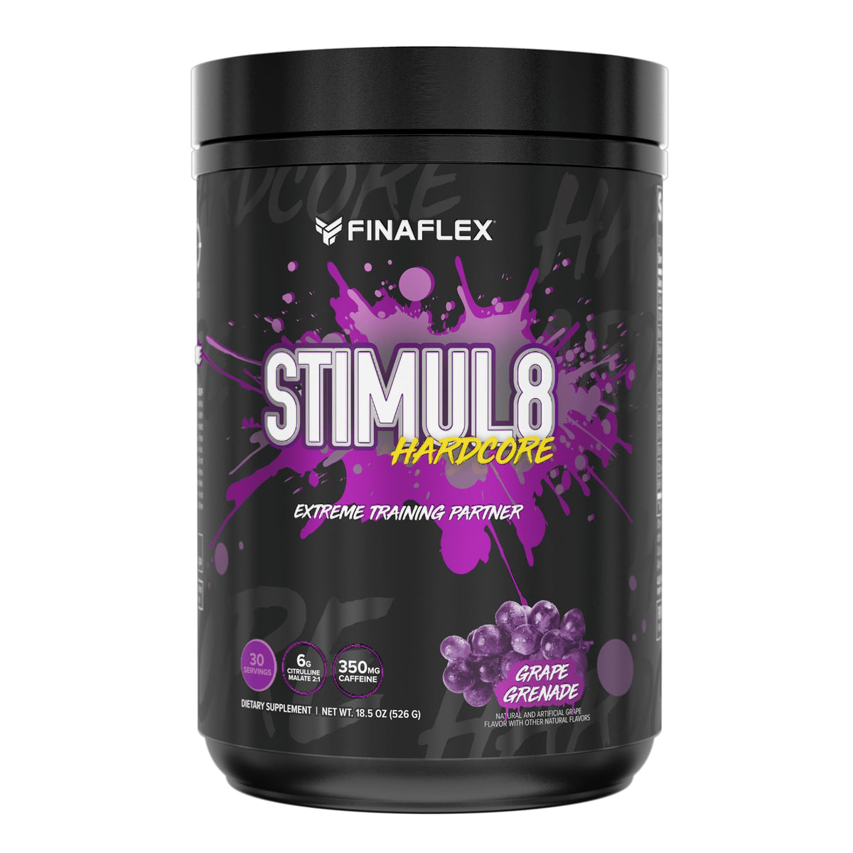 FINAFLEX Stim8 Hardcore grape bottle ready for an energy-boosting workout