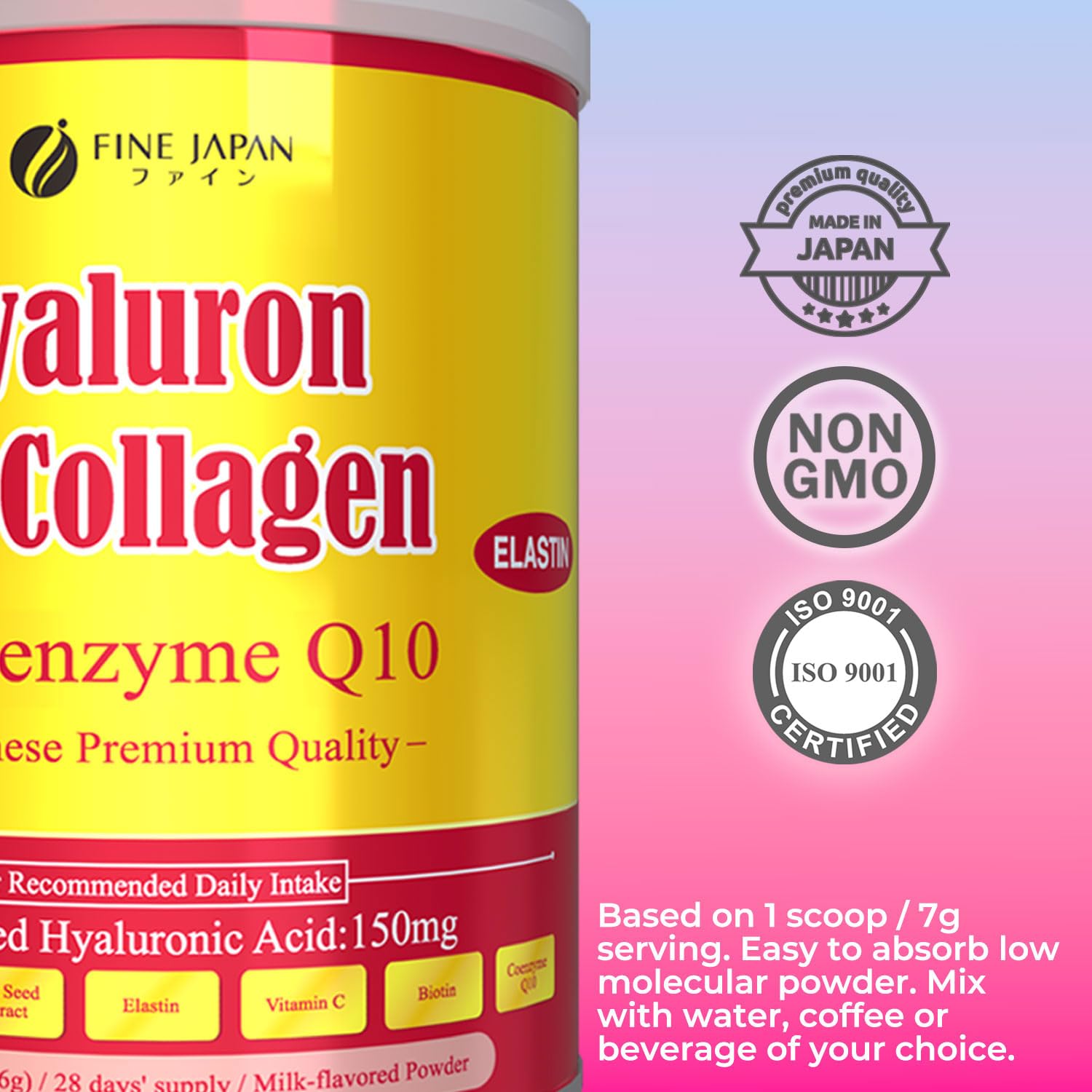 FINE JAPAN collagen powder being stirred into coffee or smoothie.