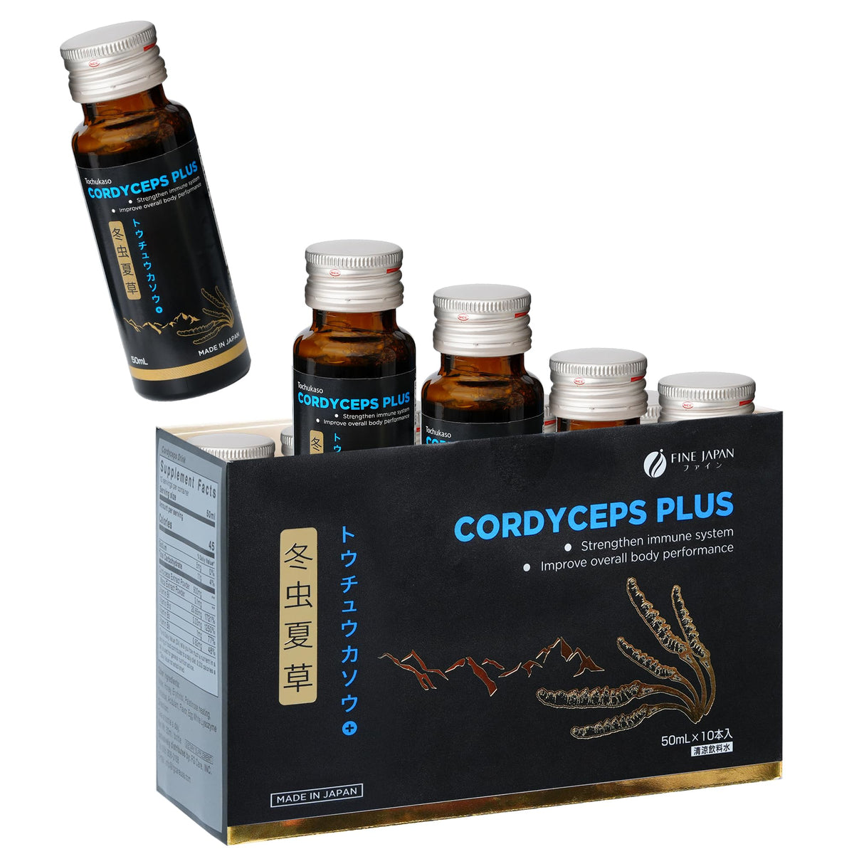 FINE JAPAN Cordyceps Plus bottle with label, premium extract for energy support.