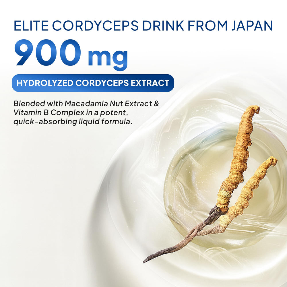 Cordyceps Plus drops being added to a beverage by a user.