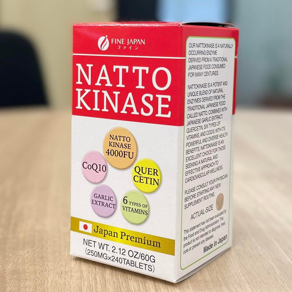 FINE JAPAN Nattokinase bottle back label shows ingredients and dosage guidance for daily routine