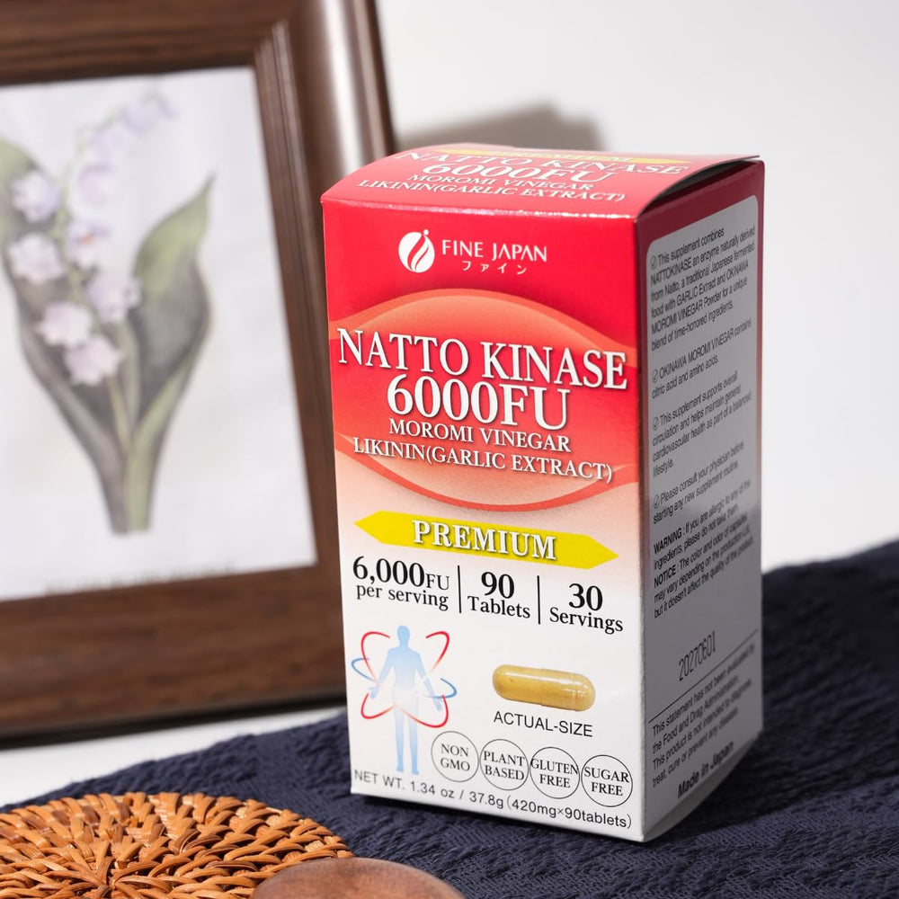 Fine Japan Nattokinase 6000FU daily-serving graphic shows three capsules per day