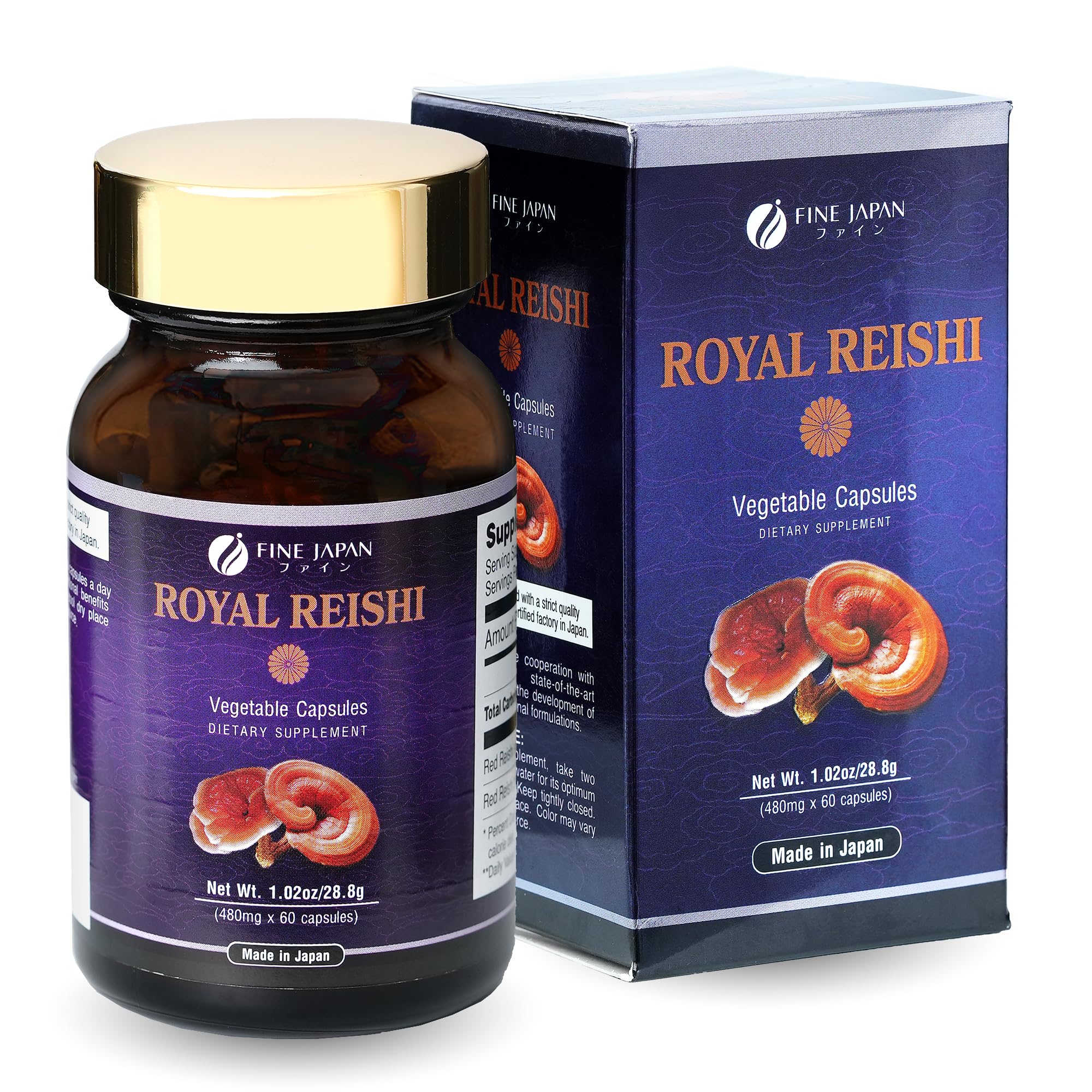 Fine Japan Organic Reishi bottle front view highlighting immune support.