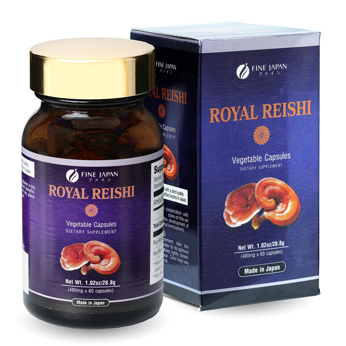 Fine Japan Organic Reishi bottle front view highlighting immune support.