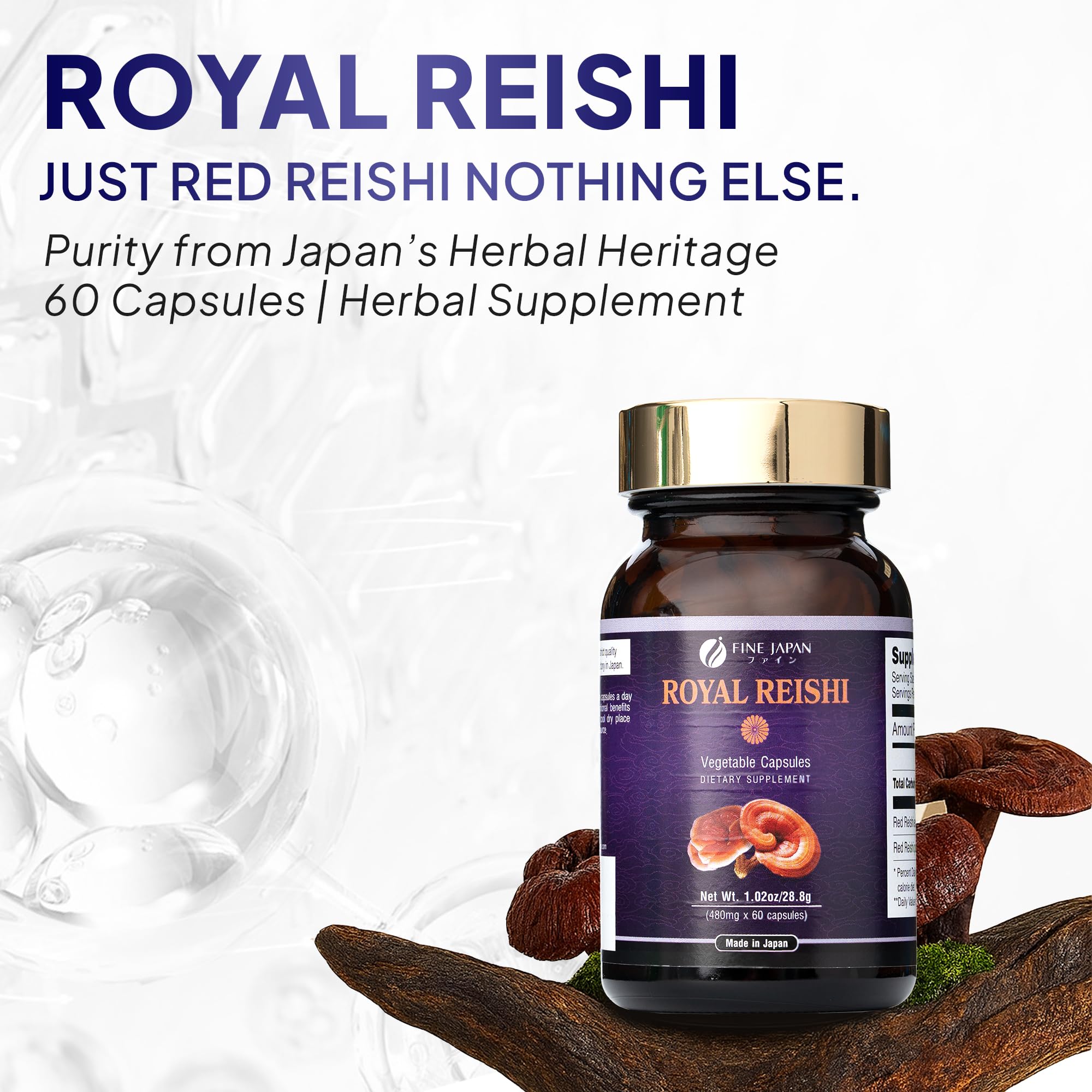Fine Japan Organic Reishi capsules close-up showing 480 mg extract per serving.