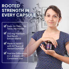 Fine Japan Reishi capsules poured into hand for easy dosing.