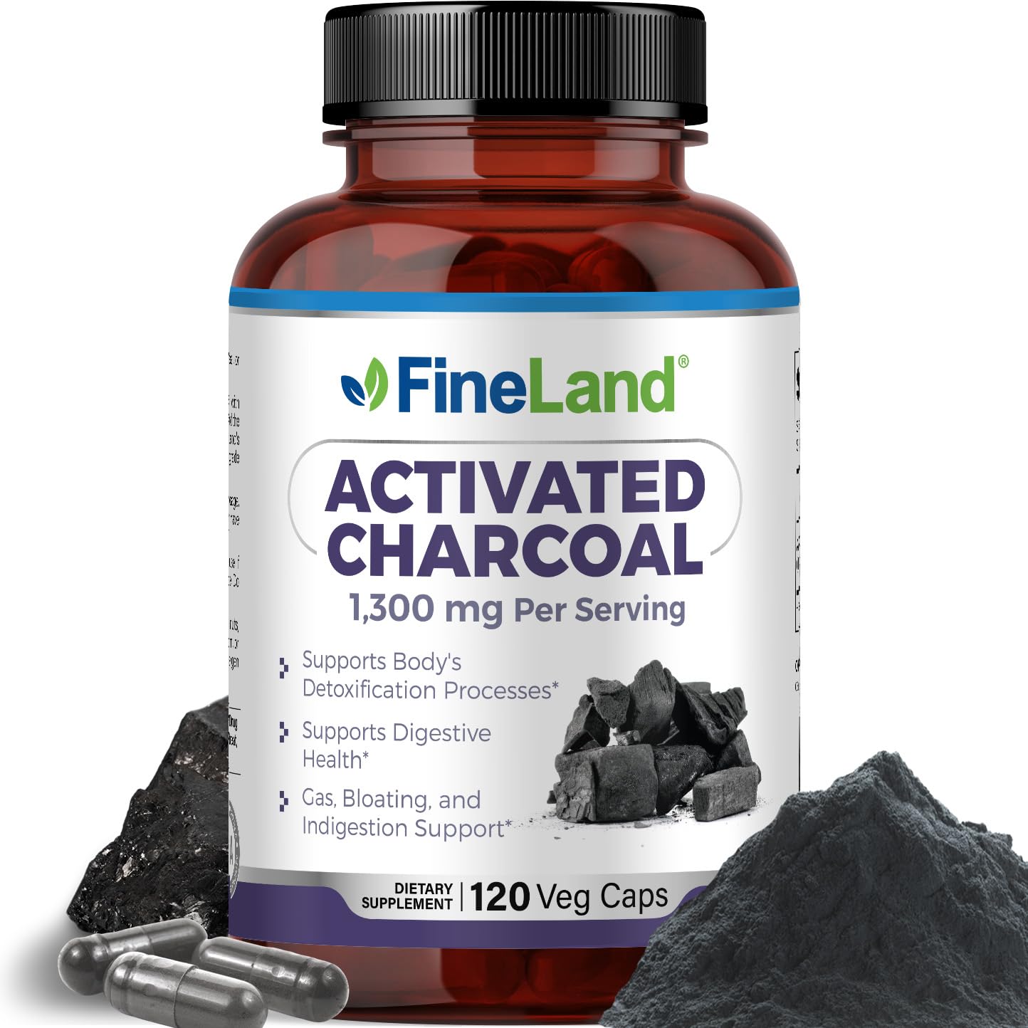 FineLand Activated Charcoal 1300mg bottle for daily digestive support.