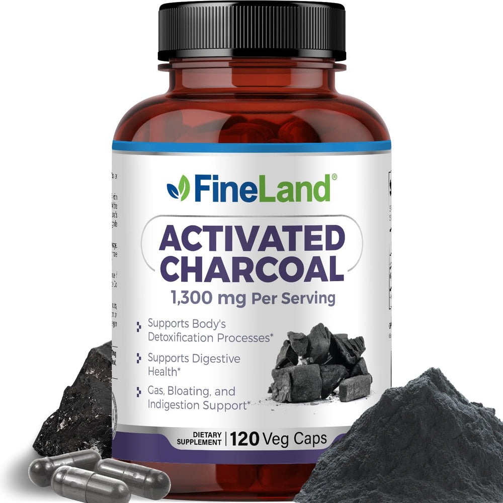 FineLand Activated Charcoal 1300mg bottle for daily digestive support.