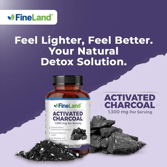 Close-up of FineLand charcoal capsules for convenient vegan detox.