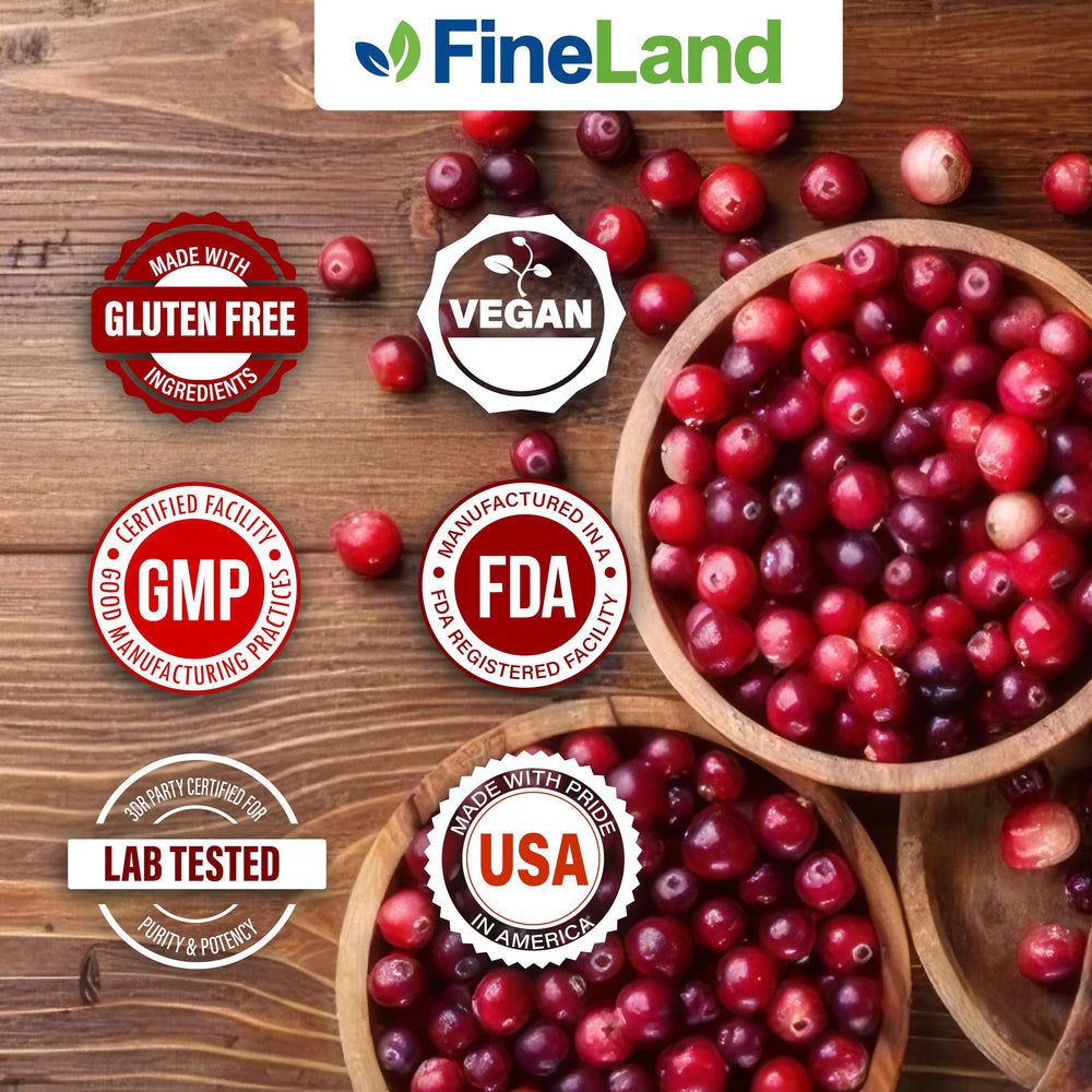 Close-up of FineLand cranberry capsules, easy-to-swallow vegan pills