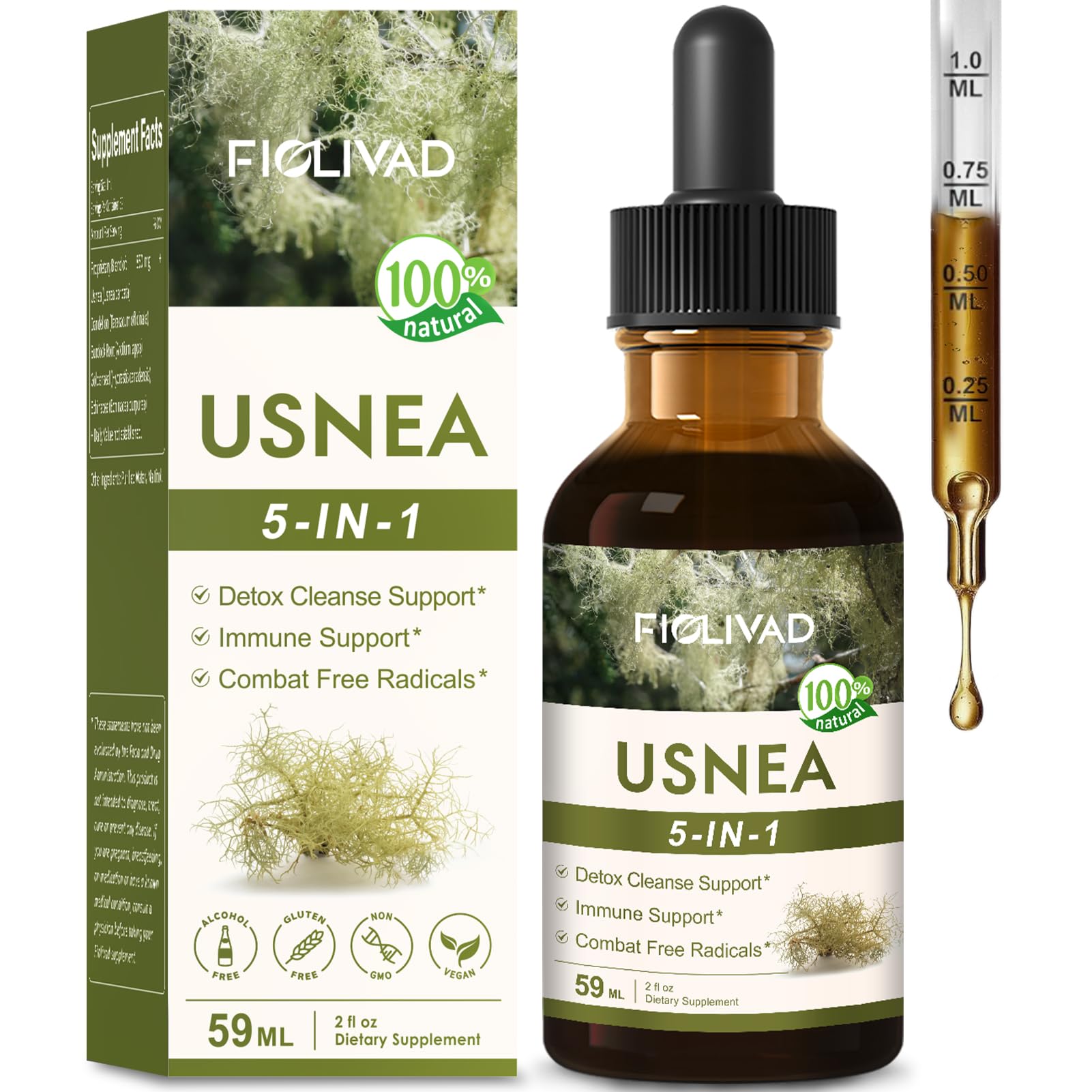 FIOLIVAD Usnea liquid drops bottle for easy daily detox and immune wellness.
