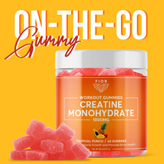 FIOR Creatine Gummy bite close-up showing flavorful chew for quick energy support