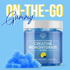 FIOR Creatine Gummy close-up of blue-lemon texture for tasty training.