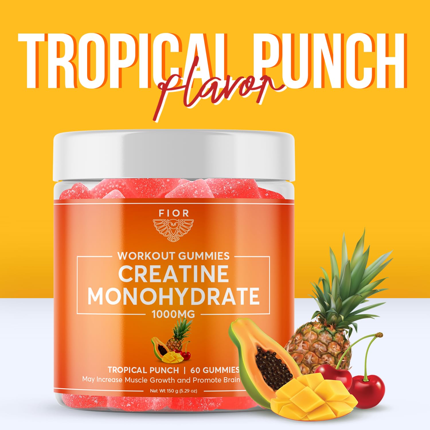FIOR Creatine Gummy tropical punch label close view highlights 60-count pack