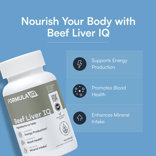 FIQ Beef Liver IQ capsules close-up shows nutrient absorption potential