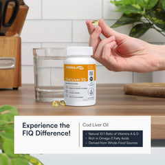 FIQ Formula IQ cod liver oil label close-up highlights vitamin A and D content.
