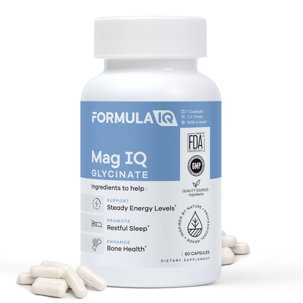 FIQ Formula IQ Mag IQ Glycinate bottle showcases high-absorption magnesium glycinate.