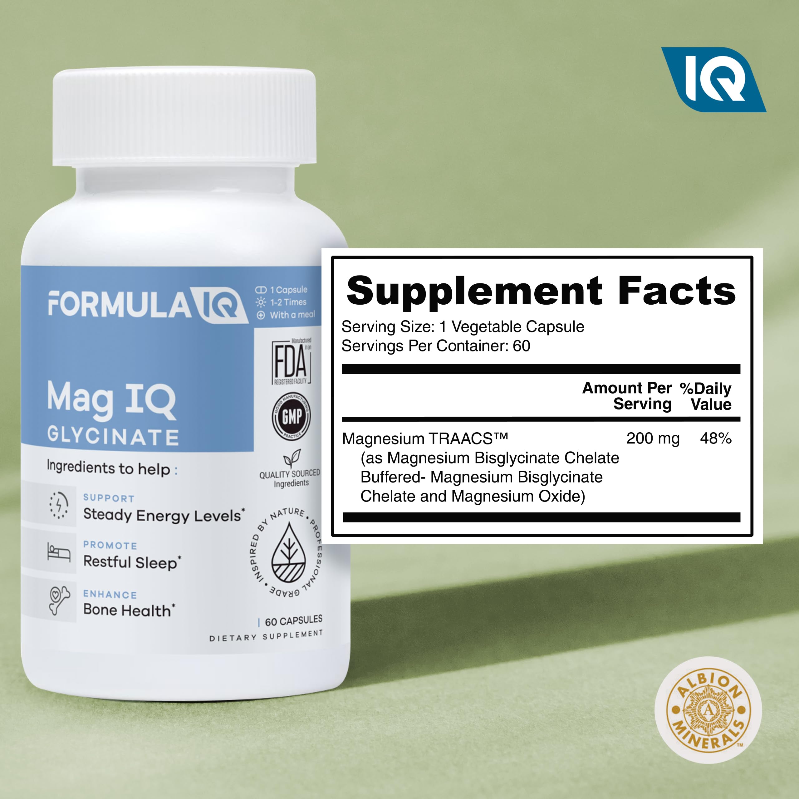 FIQ bottle closeup highlights digestion-friendly, premium ingredients.