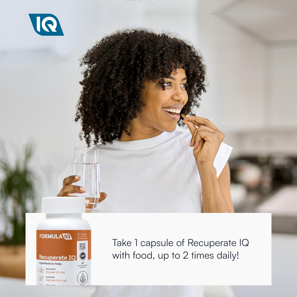 FIQ Recuperate IQ capsules on hand show portable daily support