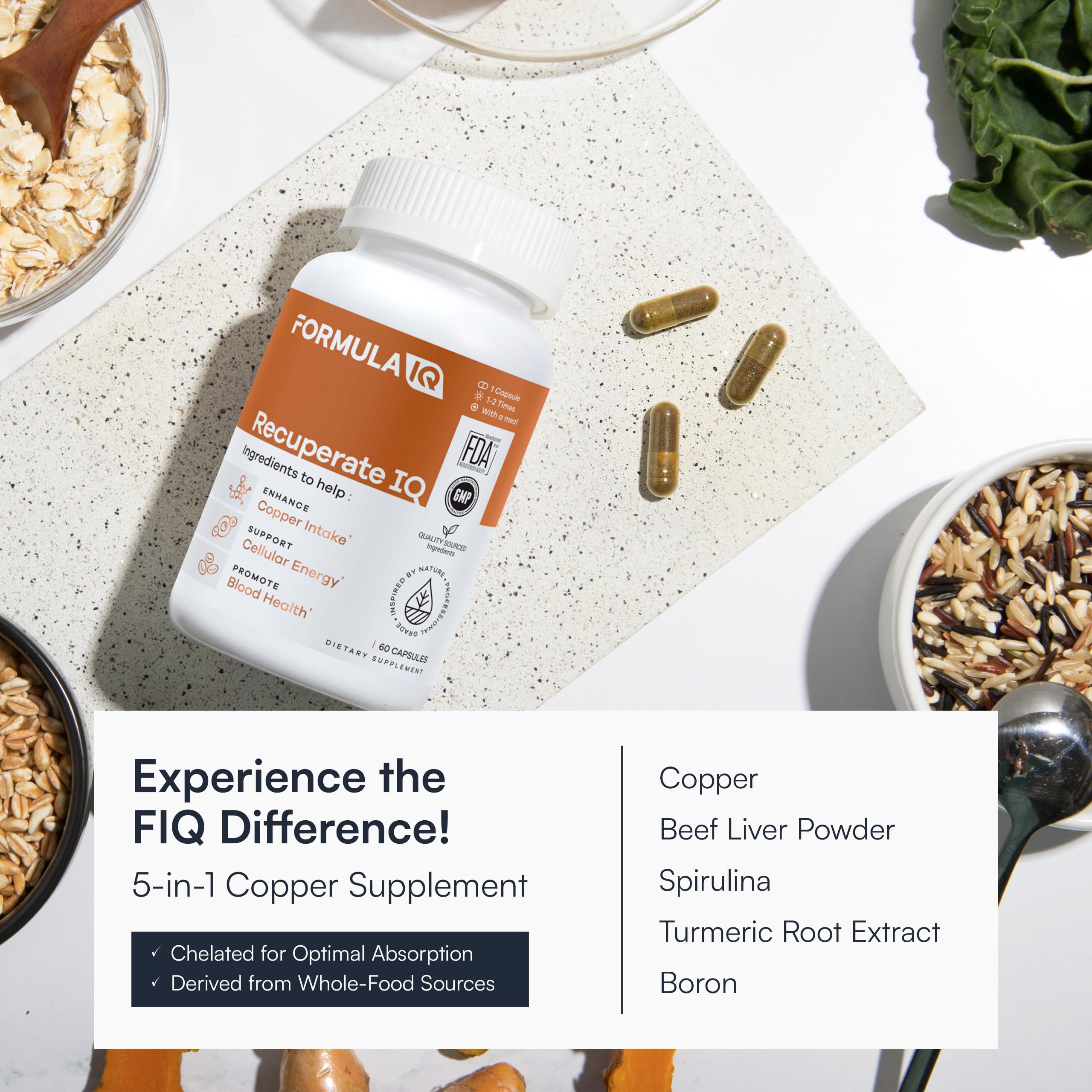 FIQ Recuperate IQ label reveals copper, beef liver, spirulina blend