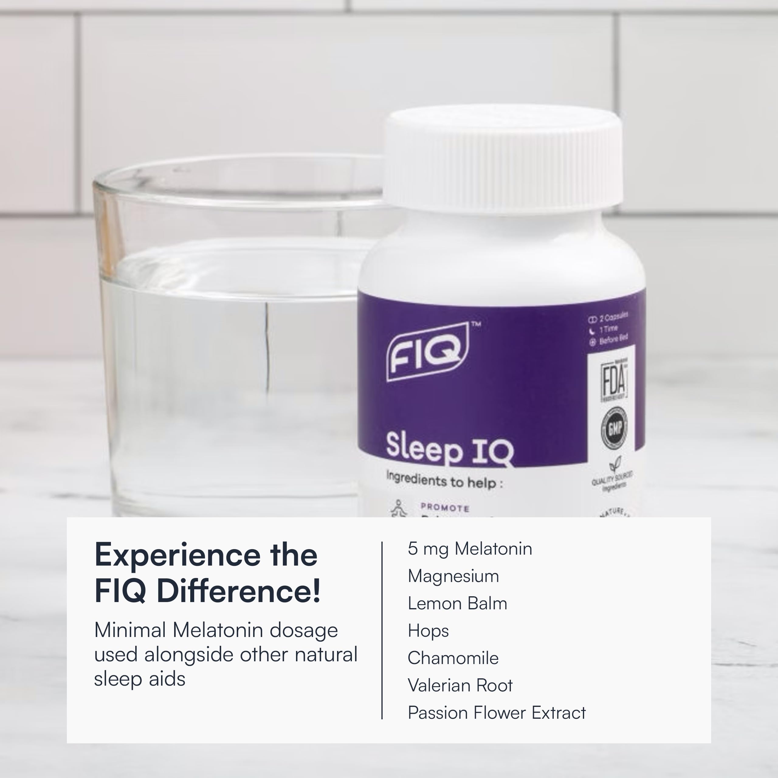 FIQ Sleep IQ with lemon balm visual highlighting calming herbal ingredient.