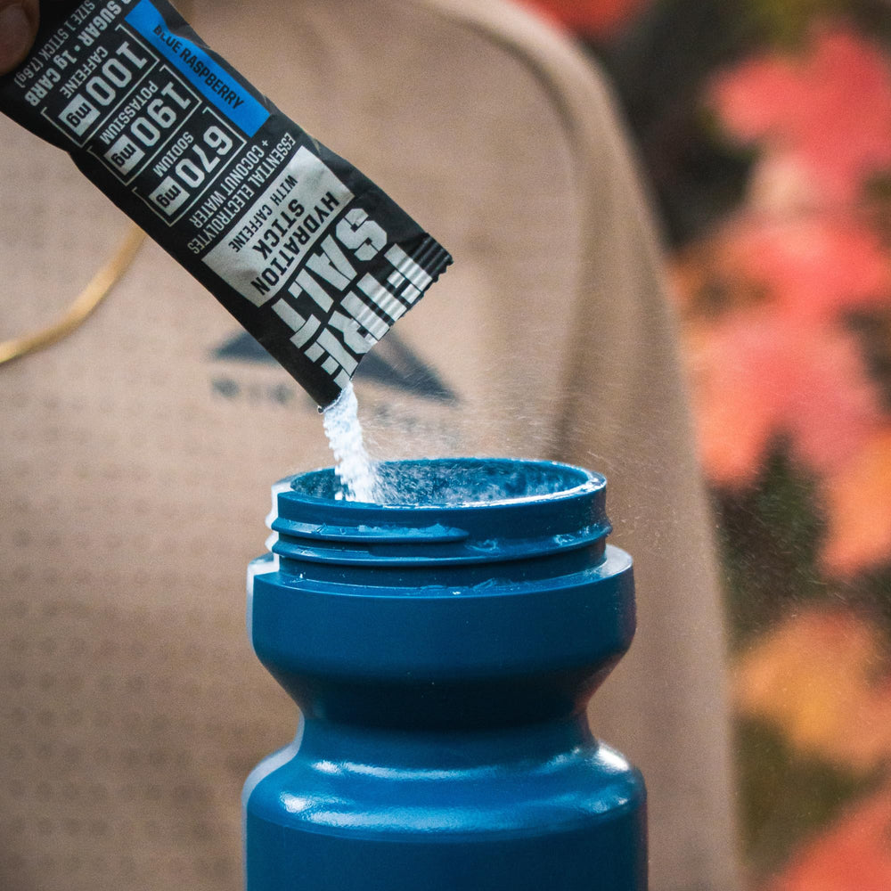 Blue raspberry flavor label close-up on Fire Salt Hydration Stick