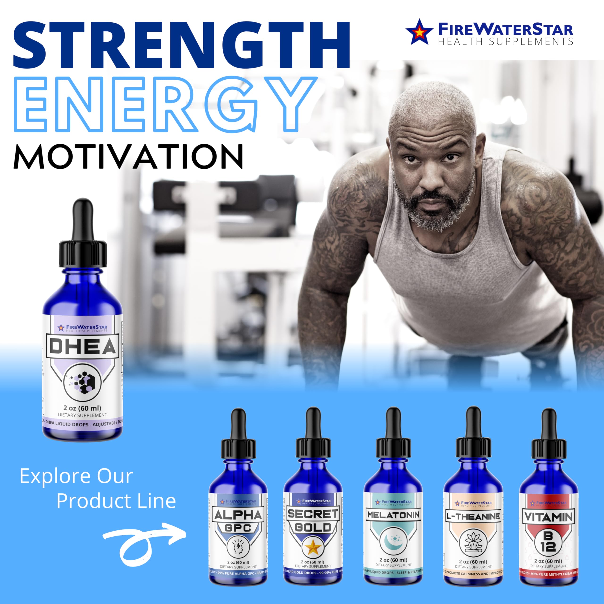 FireWATERSTAR DHEA drops ready for daily use in water or beverage routine.
