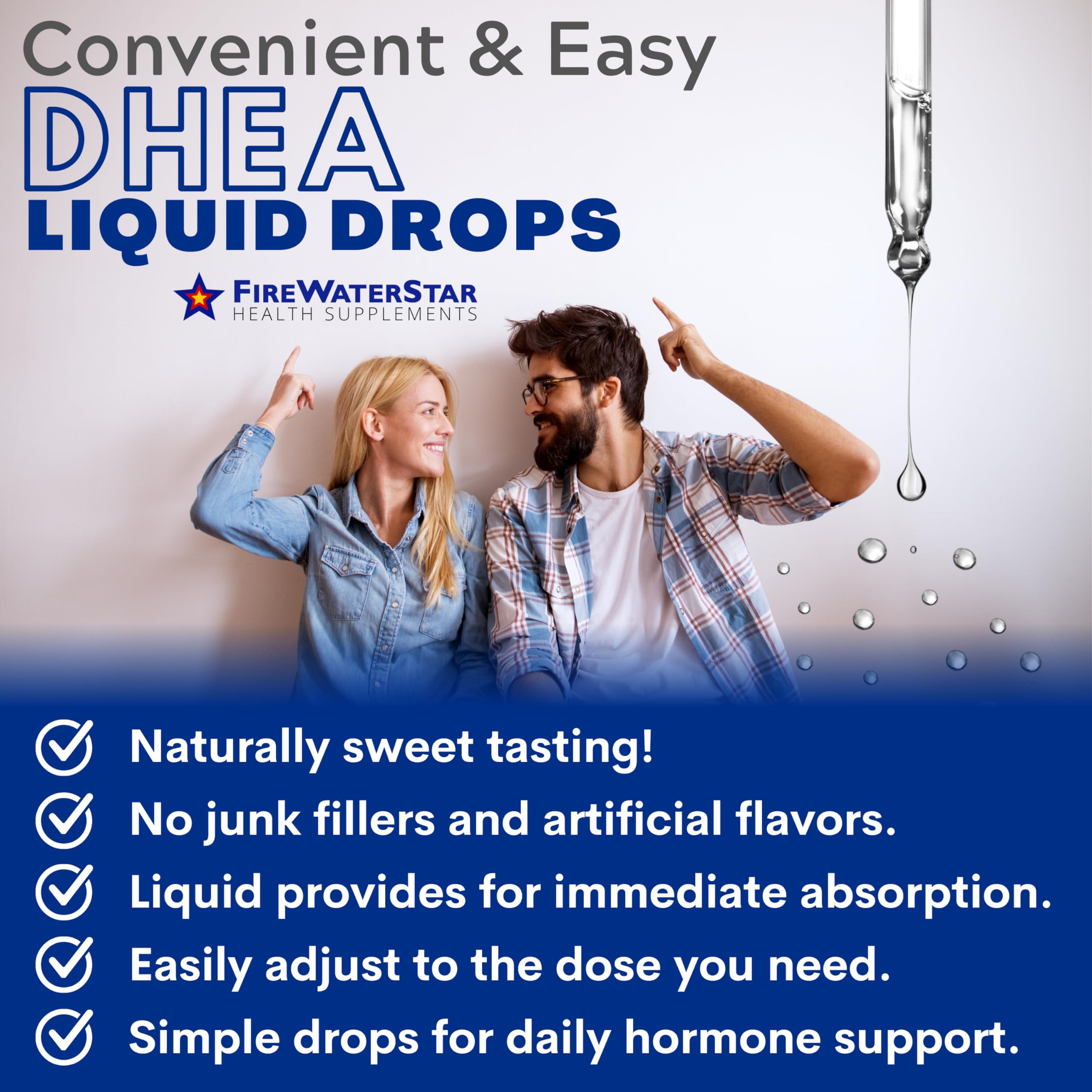 FireWATERSTAR DHEA liquid drops dropper ready for adjustable dosing and easy mixing.