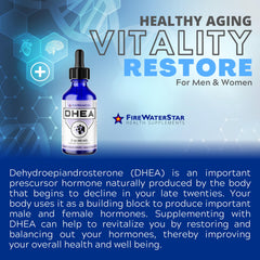 Close-up of FireWATERSTAR DHEA glass bottle highlighting USA manufacturing and natural ingredients.