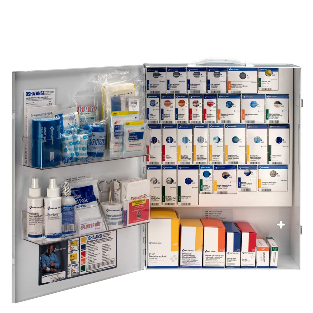 First Aid Only 150-Person XL front view shows organized, ANSI B+ compliant storage.