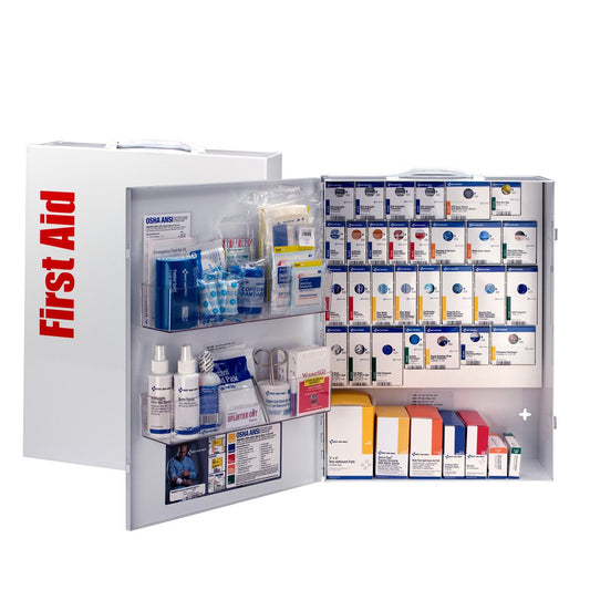 First Aid Only 150-Person XL cabinet open drawer highlights color-coded supplies.