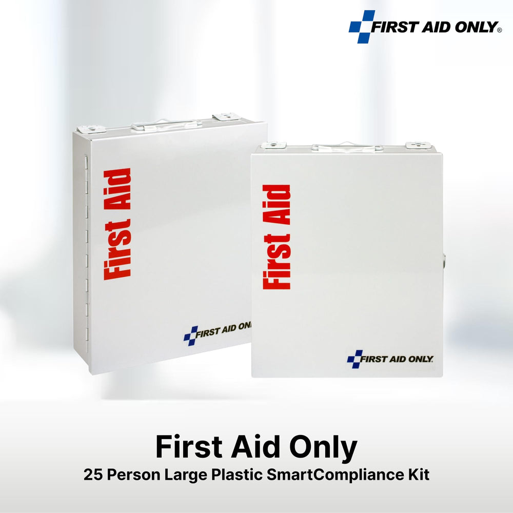 First Aid Only cabinet side view highlighting labeled sections and expansion pockets.