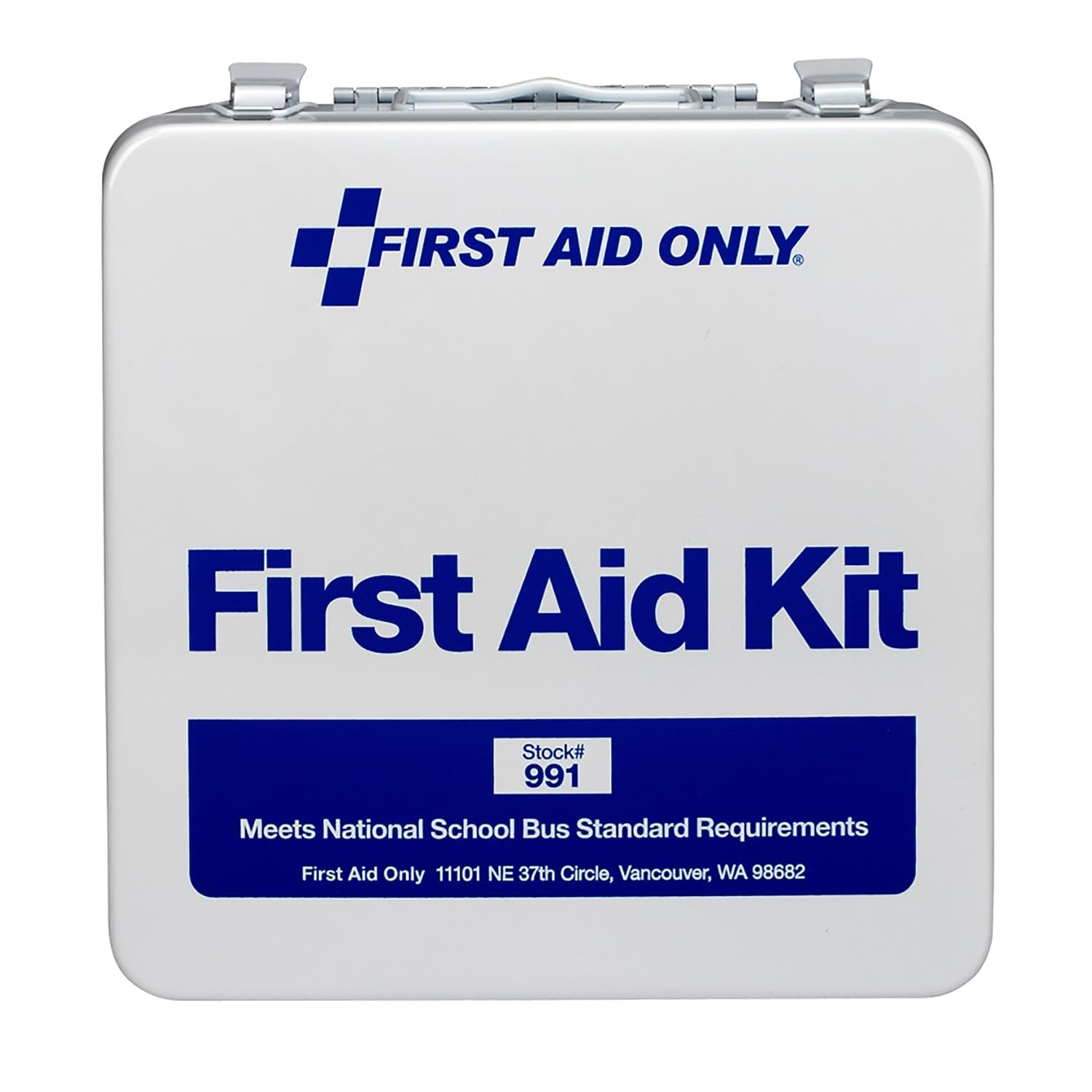 First Aid Only 50-person bus kit in a weatherproof metal case for quick access.